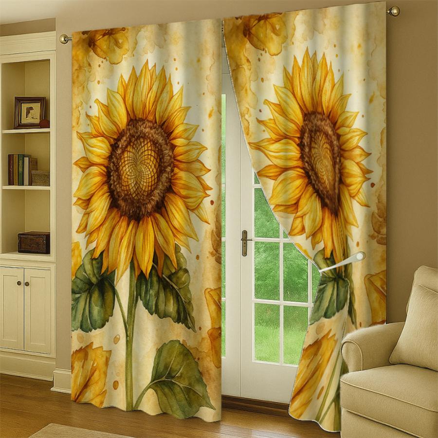 2PCS Digital Printed Curtains, Watercolor Sunflower Artistic Floral Painting, Window Drapes for Living Room Bedroom Home Decor