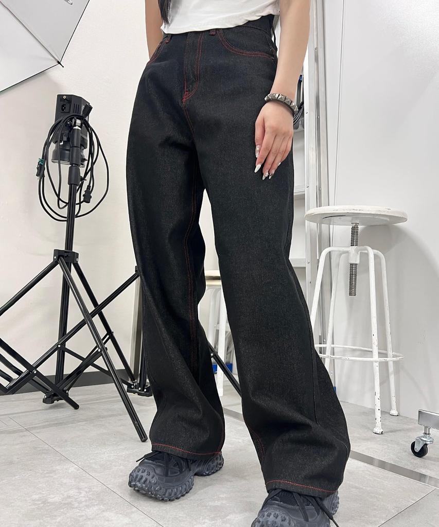 WEGO Figments Flame Stitch Pocket Denim Jeans Korean Size Black Pants, Bottoms, Streetwear, Style, Summer, Fall, Winter, Women's, M,