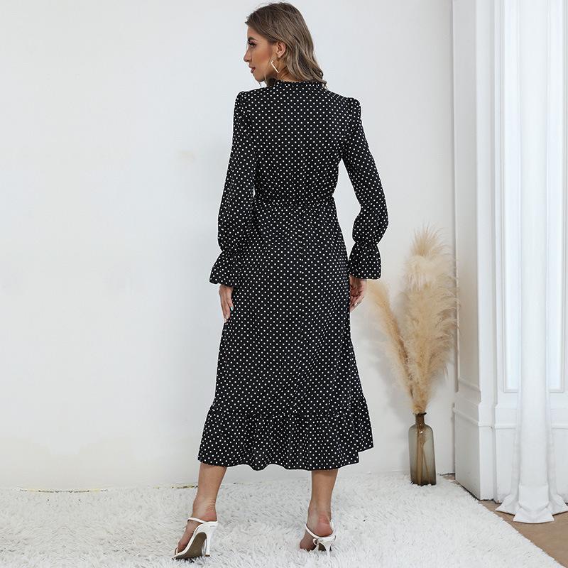 European & American Long-Sleeved Pleated Polka Dot Dress - Autumn/Winter 2022
