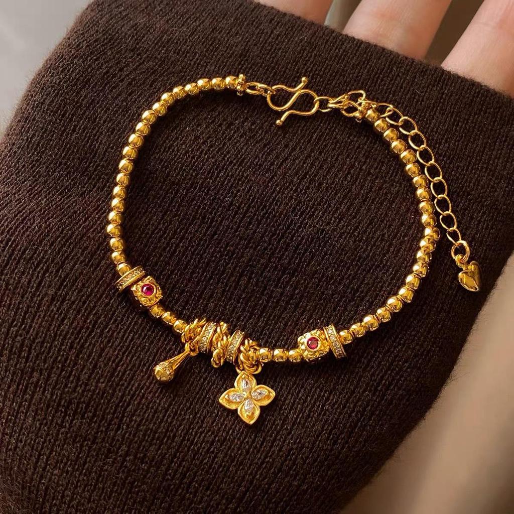 Gold Plated Four-Leaf Clover Water Drop Bracelet – Women's Luxury Beaded Bracelet with Long-Lasting Color Retention