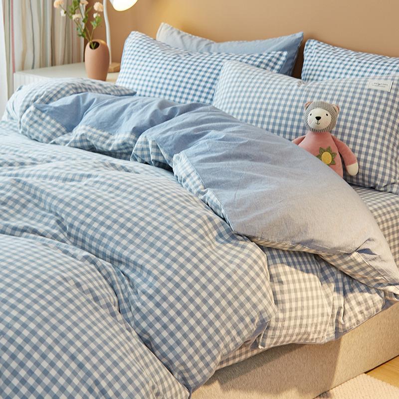 Unbedrucktes, vierteiliges, dreiteiliges, gewaschenes Bettbezug-Bettwäscheset im japanischen Stil mit kariertem Bettbezug