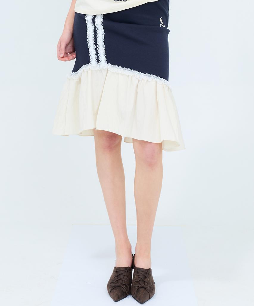Love Is True Curved L Lace Midi Skirt(Navy)