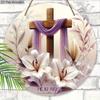 2D Flat, 1pc Easter Sign White Lily Flowers and Cross Wooden Ornaments 7.87x7.87inch Round Wall Art Decor Plaque Easter Decoration Perfect for Front