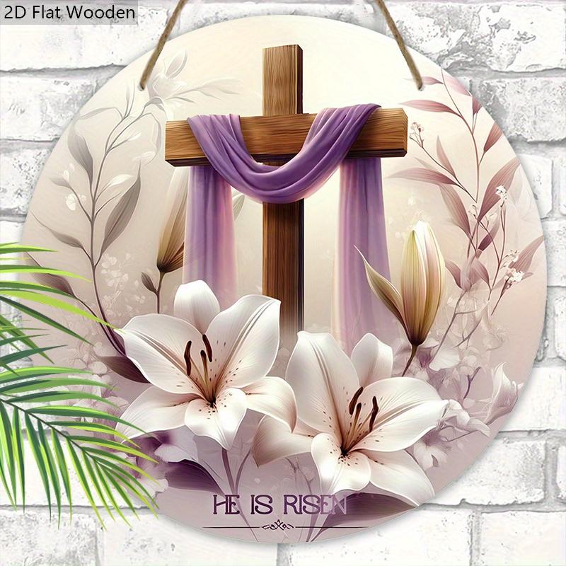 2D Flat, 1pc Easter Sign White Lily Flowers and Cross Wooden Ornaments 7.87x7.87inch Round Wall Art Decor Plaque Easter Decoration Perfect for Front
