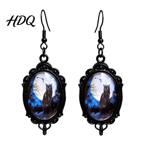Vintage Theme Gift for Halloween Party 1 Pair Gothic Black Cat Earrings Women Exquisite Craftsmanship Favors Dark Punk Style Dangle Drop Earrings,