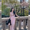 Französisches rosa Spitzenkleid Damen Sommer Neu Urlaubsstil Altersmilderndes Temperament Ärmellos Taille A-Linie Langkleid