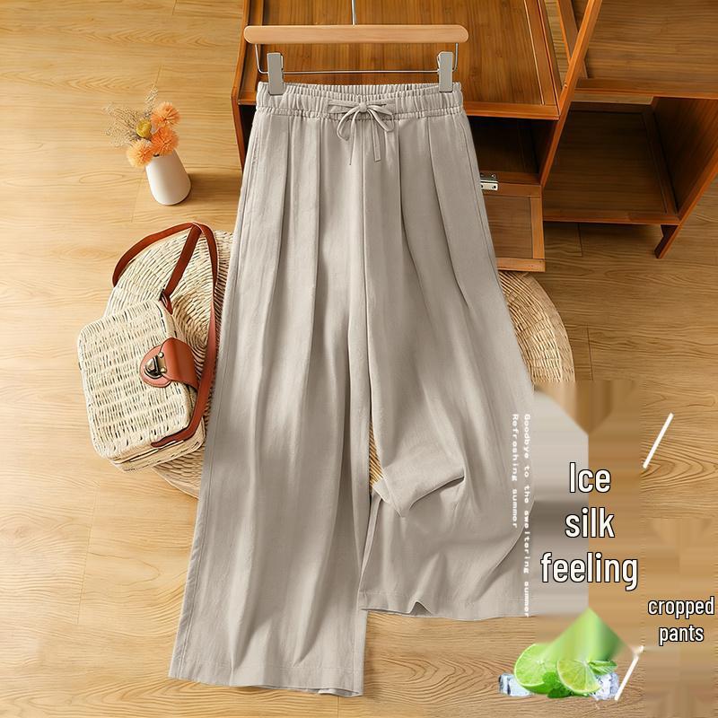 Plus Size Women's High-Waisted Ice Silk Harem Pants - Breathable, Slimming, Wide-Leg, Nine-Point Length