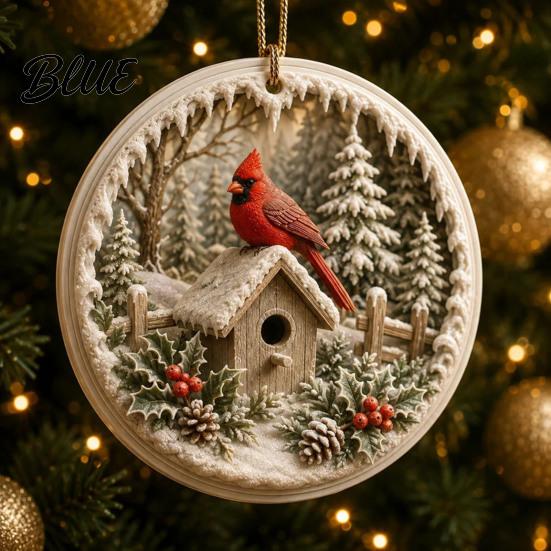 Reusable Winter Window Decor 2 Pcs Red Bird Christmas Ornaments 2D Round Acrylic Snowy Scene Decorative Ornaments for Elders Xmas Tree Hanging