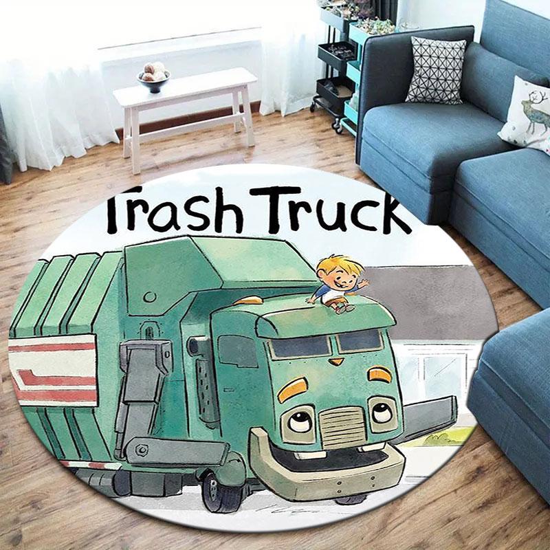 Trash Truck Round Area Rug,Carpet Rug for Living Room Bedroom Sofa Playroom Decor,Non-slip Floor Mat