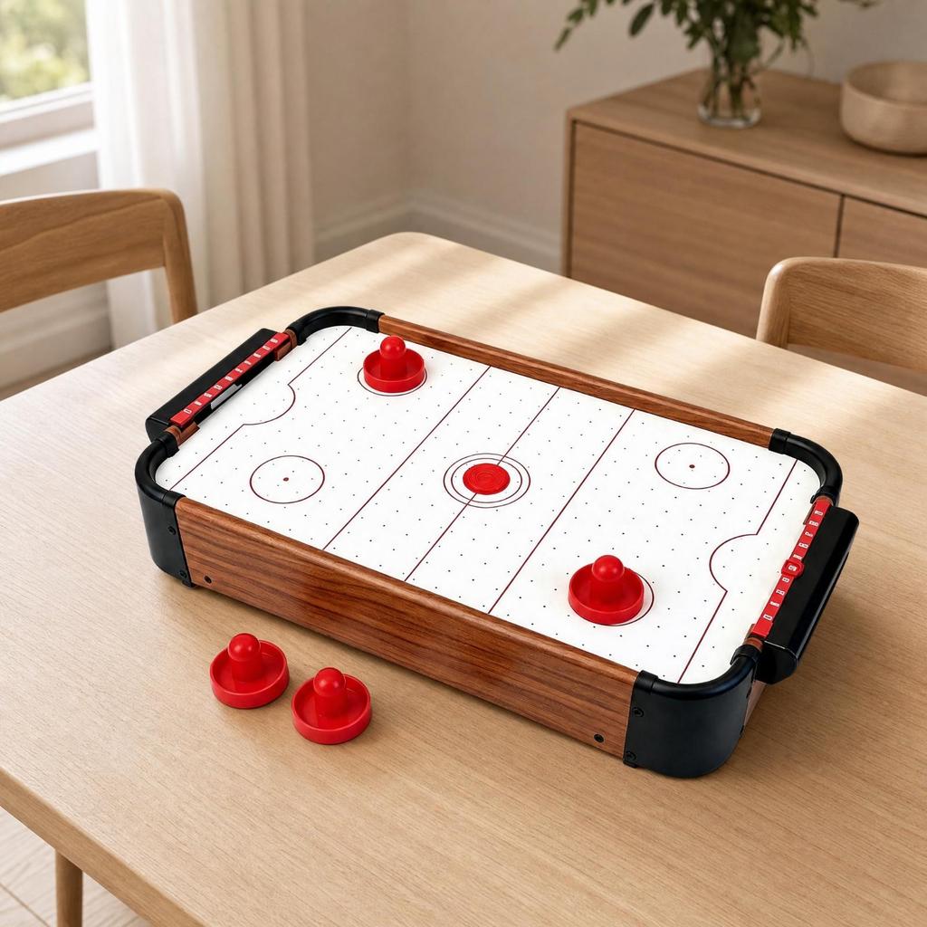Tabletop Air Hockey Game with Pucks and Pushers Complete Set Wooden Compact