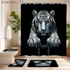 4Pcs Captive Tiger Shower Curtain Set with Non-Slip Bath Mat, Toilet Lid Cover, Contour Rug & 12 Hooks, Bathroom Decor