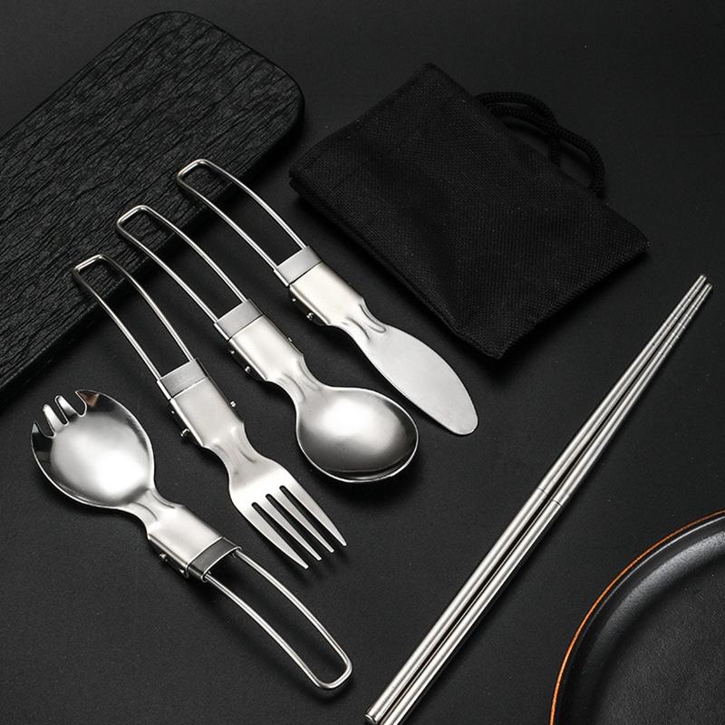 5pcs Folding Outdoor Cutlery Sets Stainless Steel Detachable Travel Fork Knife Spoon Salad Picnic Full Tableware Kids Adults