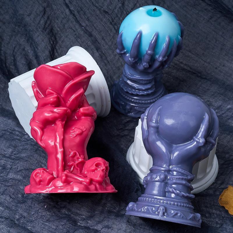 3D Hexenhand Kerze Silikonform Geisterklaue Rosenkugel Halloween Schädel Wachsgießen Form für Heimdeko und DIY-Projekte