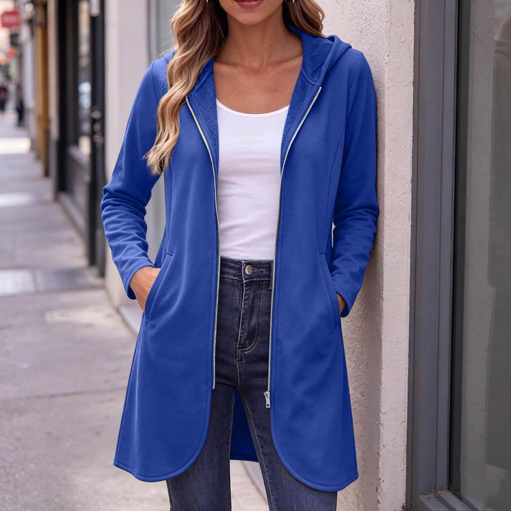 Manteau long à capuche zippé décontracté pour femme avec poches pour un usage quotidien