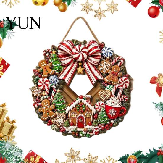 Rustic Holiday Wall Hanging Decor Gingerbread Man Wreath Wooden Sign for Front Door, Retro Christmas Plaque with Seasonal Festive Entryway Candy Cane