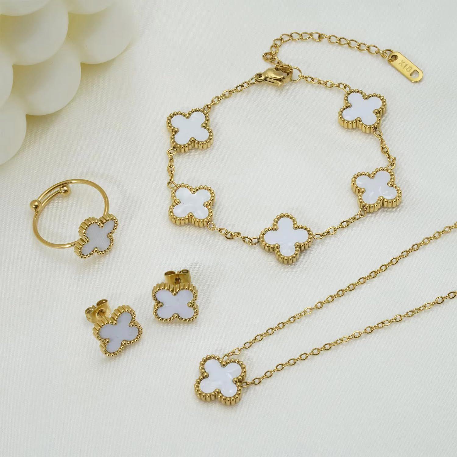 

Anti Tarnish Jewellery Latest Stylish Clover Ring Earrings Bracelet Chain Pendant Combo Gifts Necklace Jewellery Set for Women & Girls