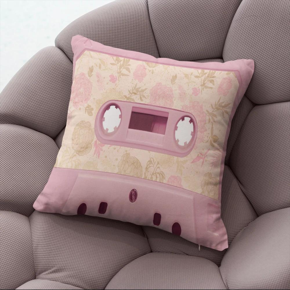 Fun Decorative Pillow Cover With Music Tape Print Cute Kawaii Camera Sofa Bedside Cushion Cover Short Plush Zipper Pillowcase