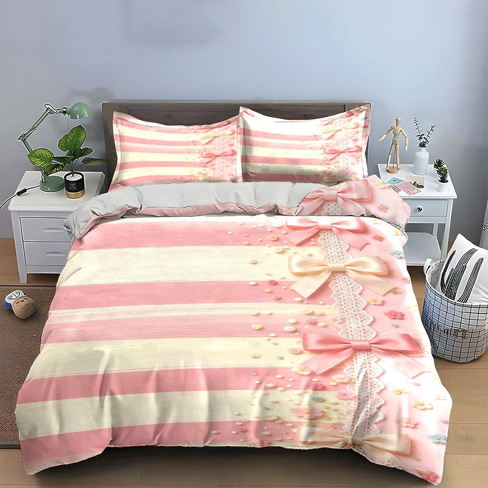 Striped pattern, bows, lace. Bedding sets Duvet cover sets Duvet covers Pillowcases(1 * Duvet Cover 2 * Pillowcases without duvet insert)