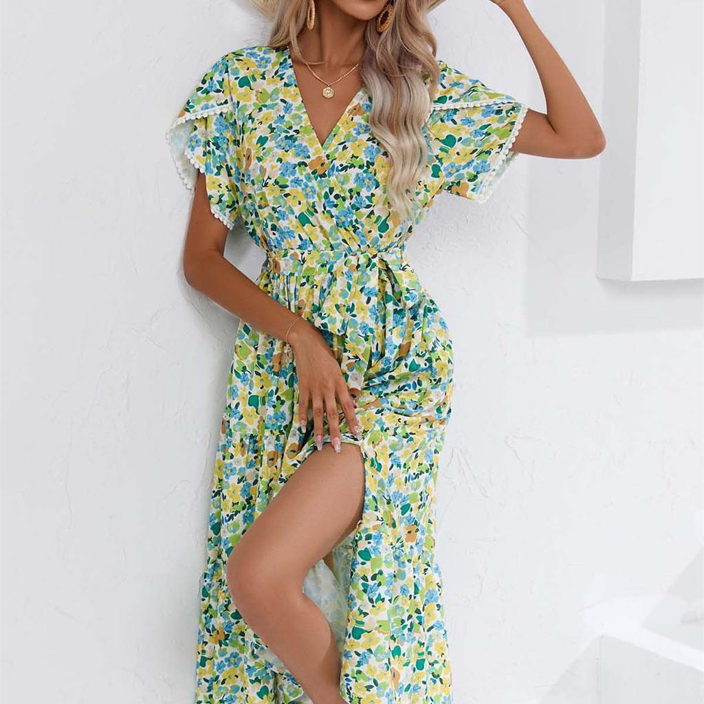 QICED Women's Fashion Summer Spring Floral Print Short Sleeve V-Neck Casual Dresses