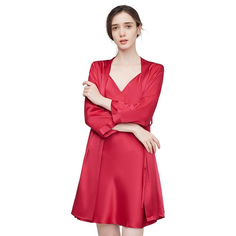 19mm Heavyweight 100% Pure Mulberry Silk Robe Set Women Red Wedding Morning Gown French Style Loungewear