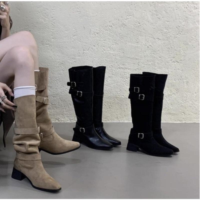 Fashion New Style Fashion Women's High Boots Retro Brown Western Cowhide Boots Gothic Square Toe Wide-leg Women's Long Boots