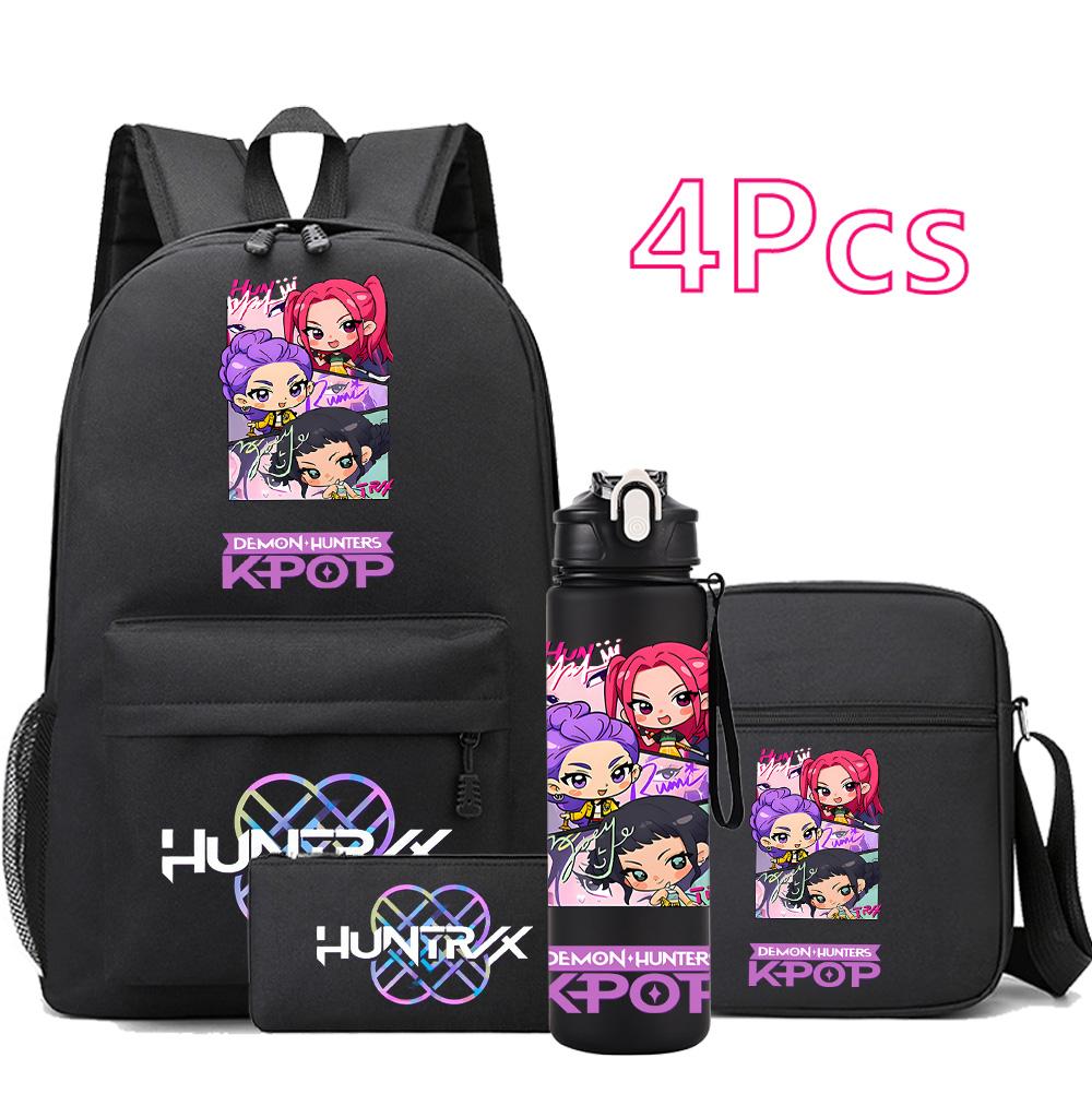 4Pcs/set Anime K-Pop Demon Hunters Printed Backpack Bookbag Shoulder Bag Case Bag with 750Ml Water Bottler for Boy Girl Large Capacity Schoolbag