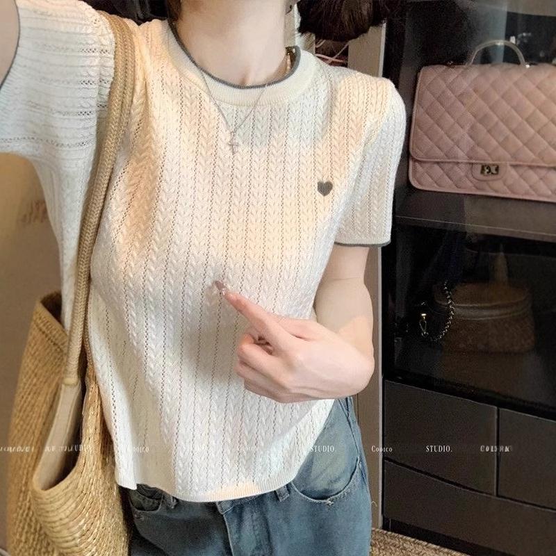 Chic Summer Heart Design Ice Silk Knitted T-shirt - Women's Short Sleeve Color Block Top