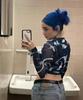 Fashion Female Crop Tops Mesh Sheer Print Round Neck Long Sleeve T-Shirt Pullovers Sexy Streetwear Y2k Harajuku Tops