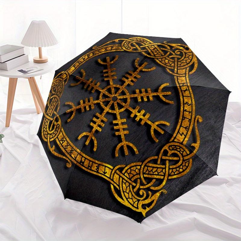 Wikinger Vegvisir Kompass Nordisches Symbol Gold Aufkleber Auto Fenster Laptop WanddekoRegenschirm, Tragbarer 3-Fach-Regenschirm für Männer & Frauen, Weihnachtsgeschenk ES314
