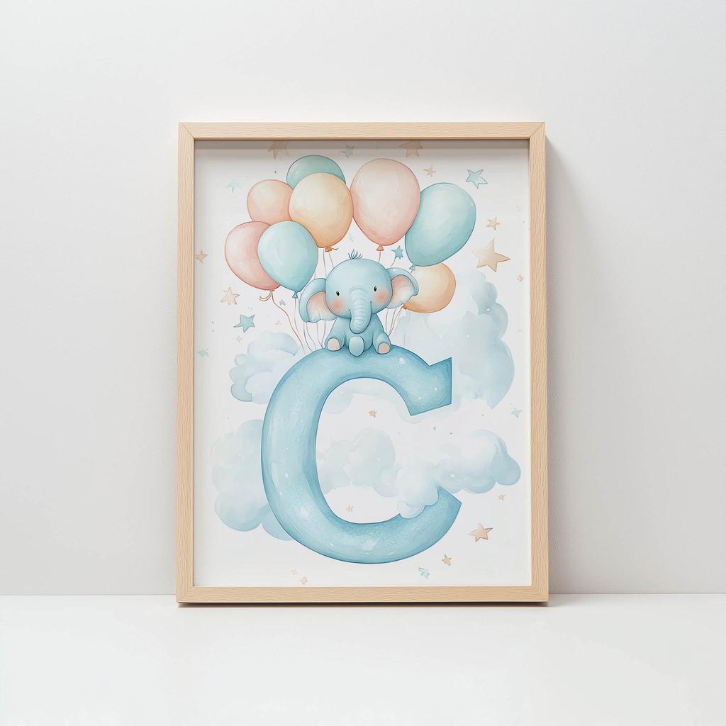 Plakat Słoniątko Na Literze C Plakat Słoniątko Na Literze C, 70X100 Cm, Rama Drewniana Ciemny Brąz, Papier Matowy 230 Gsm