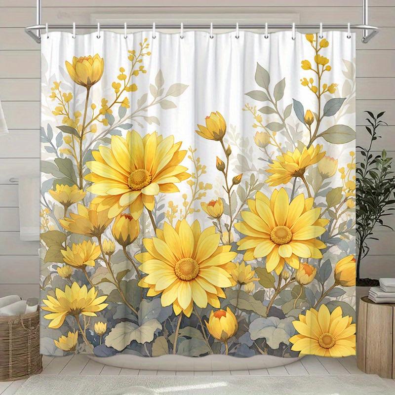Vibrant Yellow Daisy Floral Shower Curtain with Green Foliage - Polyester Fabric, Realistic Botanical Design, Includes 12 Hooks