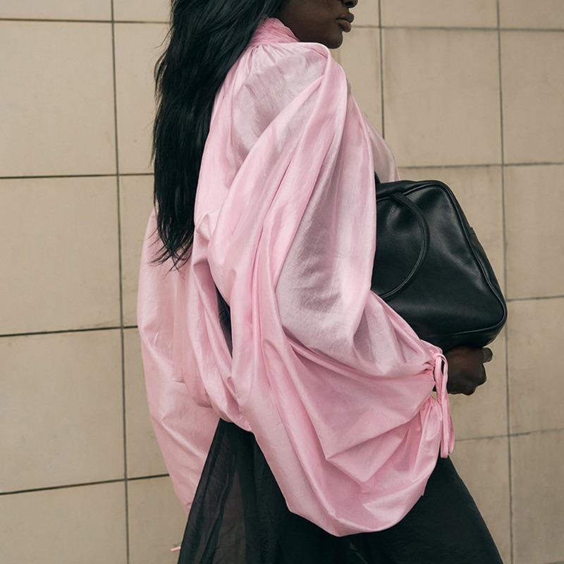 Talenza Spring Pink Blouses Women'S Fashion High-Neck Ruffled See-Through New Shirt Casual Loose Chic Commuter Female Shirt Top