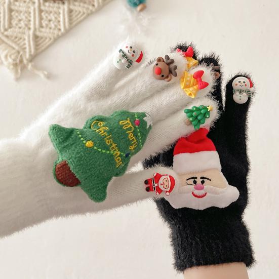 1 Pair Christmas Knitted Gloves Men Women Winter Warm Thick Plush Gloves with Xmas Charm Outdoor Cycling Cold Weather Thermal Full Finger Gloves