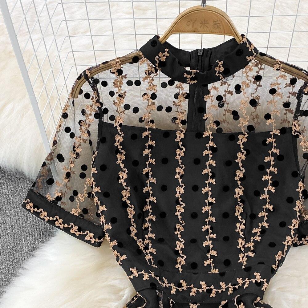 Fashion Temperament Waist Slimming Dot Mesh Flounces Fishtail Dress
