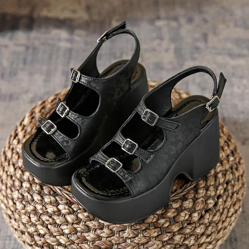 Roman Slope Heel Sandals for Women 2024 Summer New Hollow Thick  Open Toe Casual One Line Buckle High Shoes Sandalias Mujer 2024