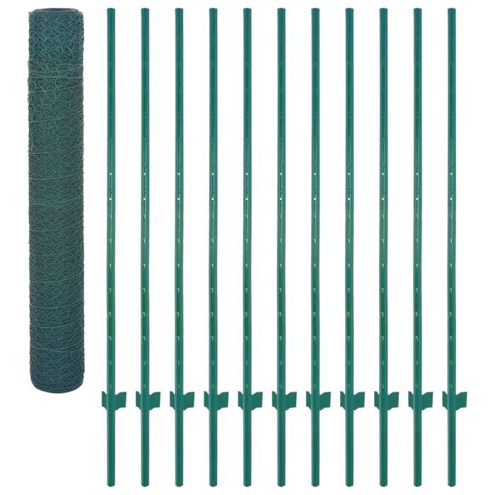 Clôture en grillage métallique - Maison Exclusive - 25 x 2 m - Acier enduit PVC vert - Poteaux 1,34/1,28 m