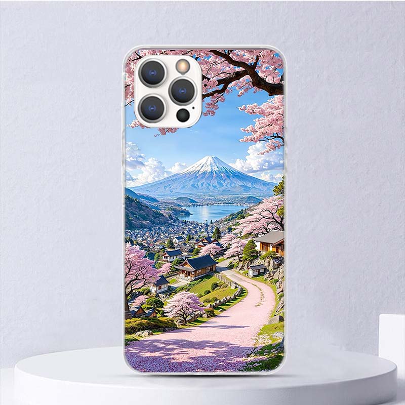 Japanese Cherry Mount Fuji Soft Case For iPhone 16 17 Air 16E 15 Plus 11 12 13 Mini 14 Pro Max Phone Cover Apple 7 8 SE Coque Fu