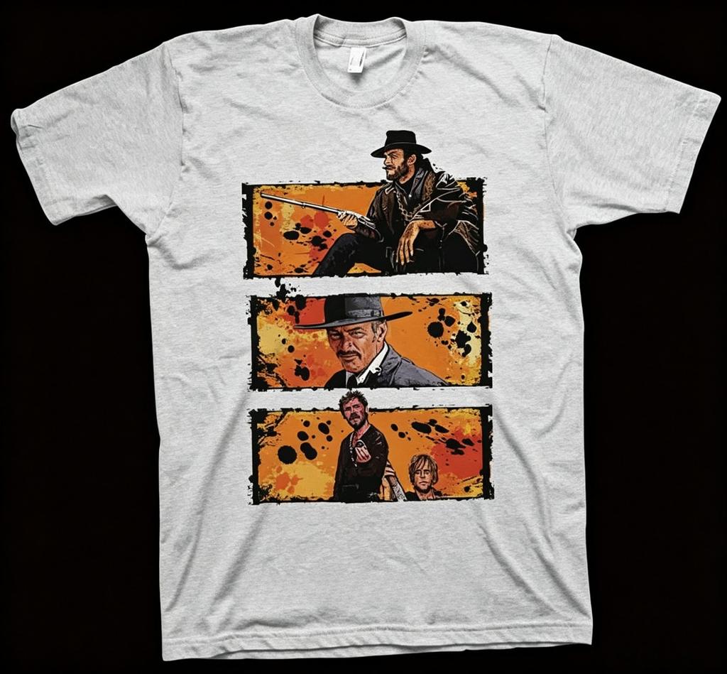 White Three Panel Cowboy Gun Character Graphic Tee Retro Western Movie Chest Oversized Street Tops