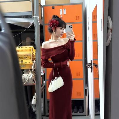 Weihnachten neue Robe rot Bankett Toasting Kleidung High-End Light Luxury Nische Ein-Schulter-Strickkleid Damen