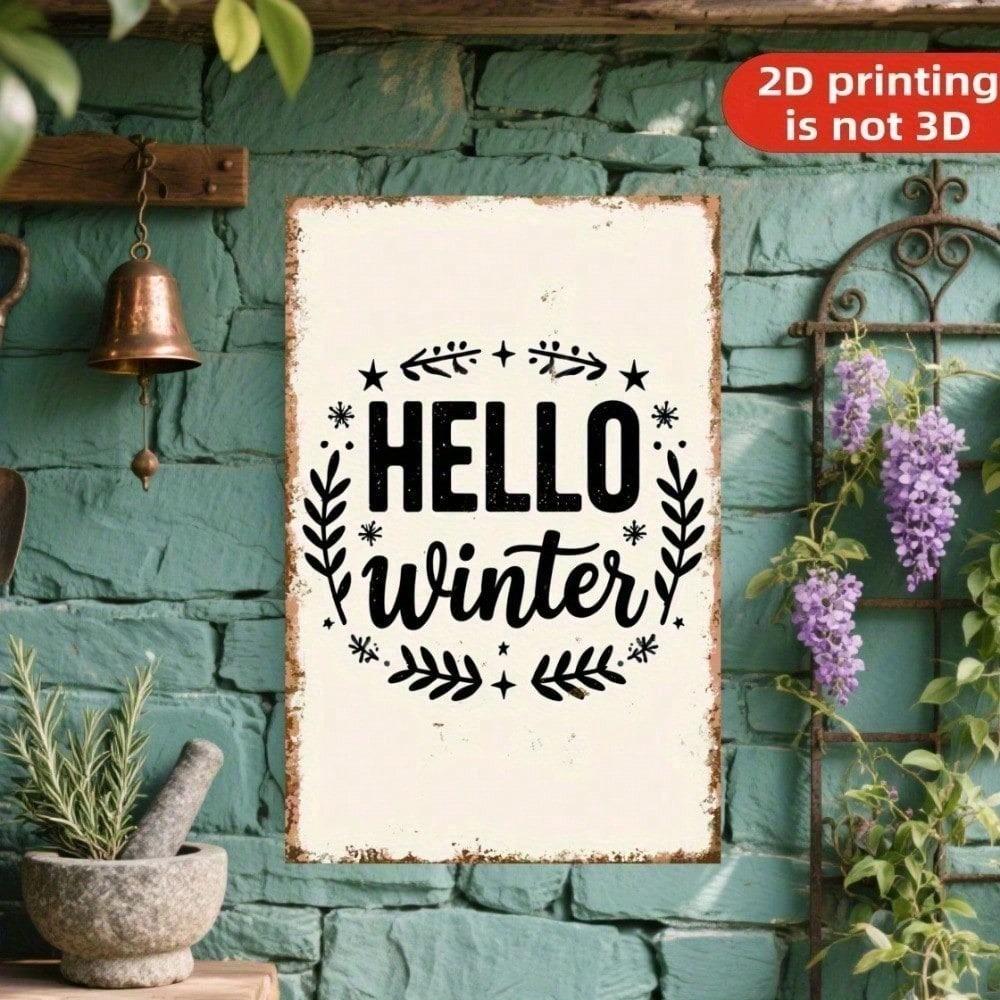 Rustic Hello Winter Metal Sign Farmhouse Porch Garden Wall Decor Christmas Fence Hanging