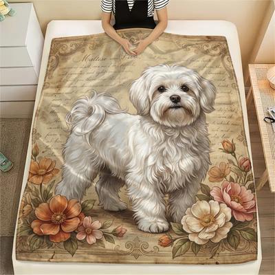 1PC Retro Pet Puppy Print Flannel Blanket, High Quality All Seasons, Home Decor, Warmth and Comfort, Perfect for Christmas Gifts