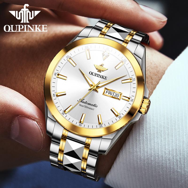 OUPINKE Montre Homme Double Calendrier Montre Mécanique Automatique Montre Diamant Haut De Gamme Étanche