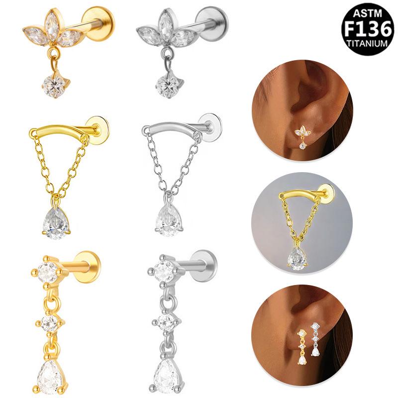 Titanium G23 Zirconia Chain Ear & Lip Studs - Horse Eye Design, High-End Piercing Jewelry