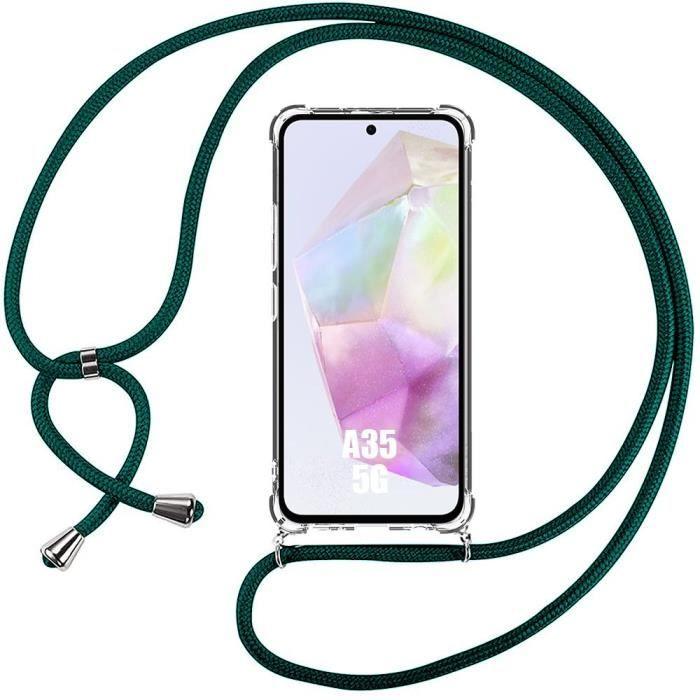 Coque antichoc - samsung - galaxy a35 5g - silicone transparent - cordon vert nuit - souple