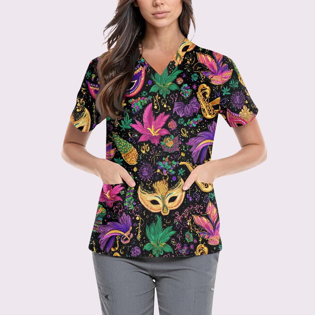 Women's Cute Printed Work Clothes V-neck Double Layer Pockets Basic Short Sleeve Top Pullover Valentines