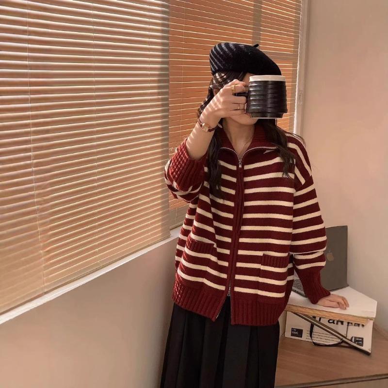 Retro Lapel Striped Double Zipper Knitted Cardigan Women's Autumn and Winter New Loose Versatile and Thin Sweater Jacket
