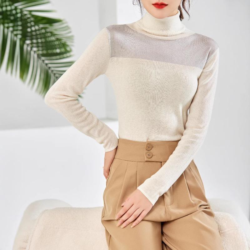 Semi-turtleneck mesh splicing bottoming shirt women's autumn new slim-fit inner see-through silk wool knitted sweater
