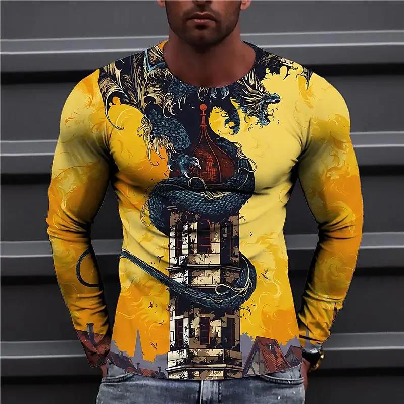 Men Spring Autumn Animal T Shirts Round Neck Long Sleeves Top Men's Sport Wear Plus Size Vintage 3d Print T Shirt
