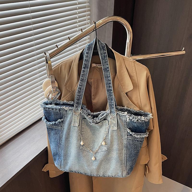 Mode Kleurverloop Ruwe Rand Denim Tote Tas Dames Veelzijdig Grote Capaciteit Ketting Handtassen Eenvoudig Werk Een Schouder Tassen CLE