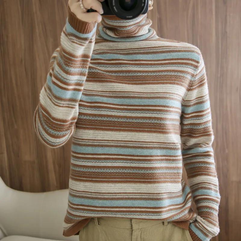 Женский осенний пуловер с длинным рукавом свитер в полоску трикотаж базовая рубашка 2XL 2326₽